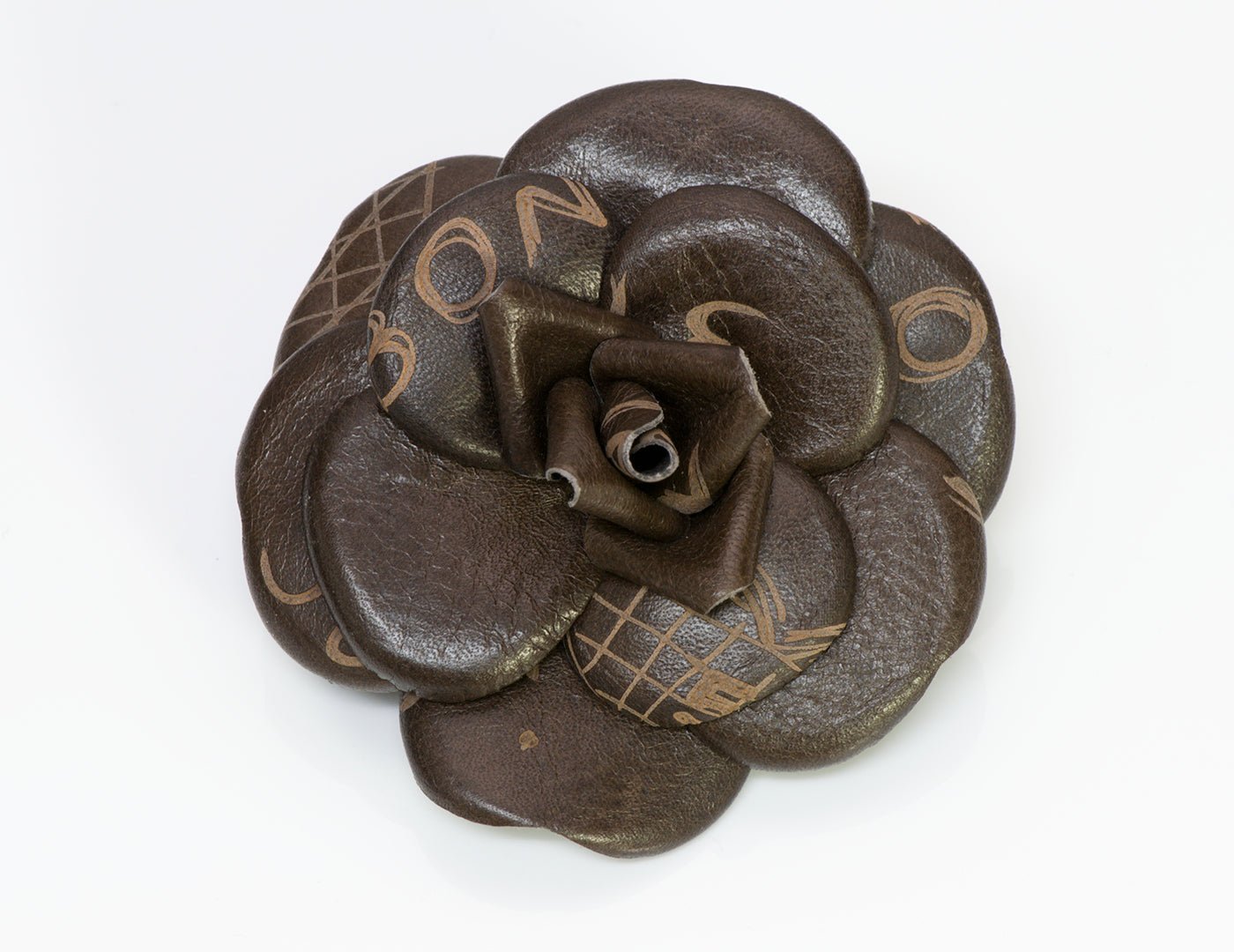 Chanel CC Graffiti Brown Leather Camellia Flower Brooch - DSF Antique Jewelry