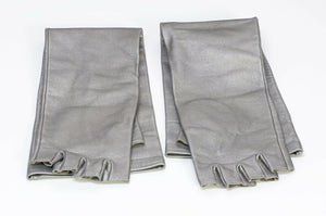 CHANEL CC Gray Silver Leather Long Fingerless Women’s Gloves