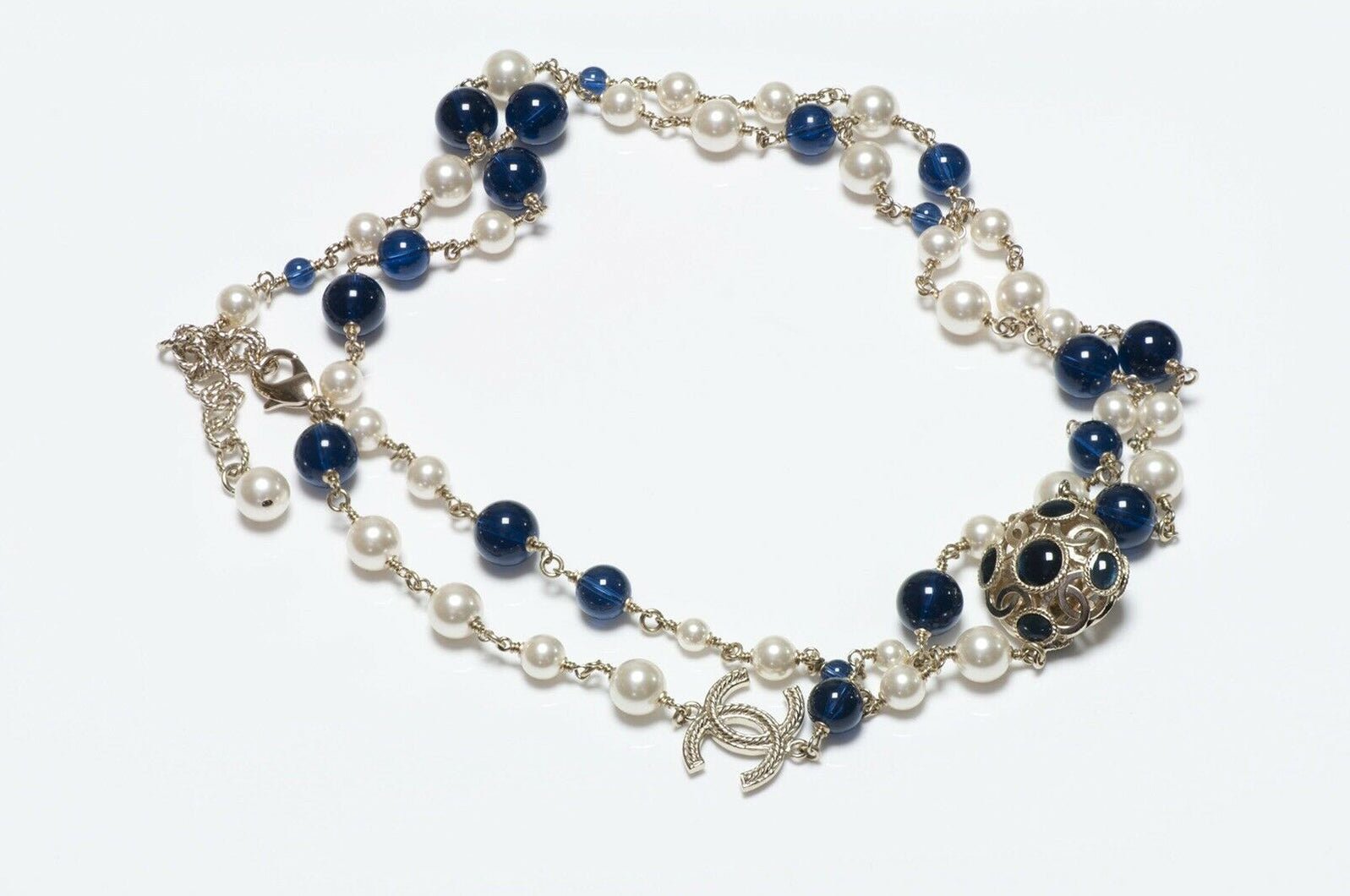 CHANEL CC Gripoix Pearl Blue Glass Beads Sautoir Necklace - DSF Antique Jewelry