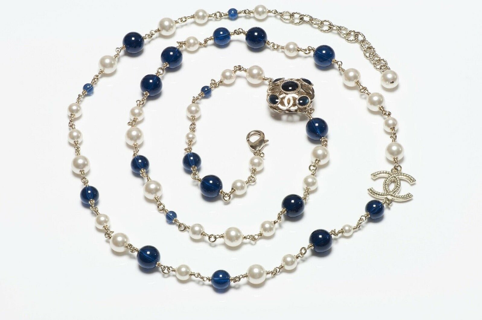 CHANEL CC Gripoix Pearl Blue Glass Beads Sautoir Necklace - DSF Antique Jewelry
