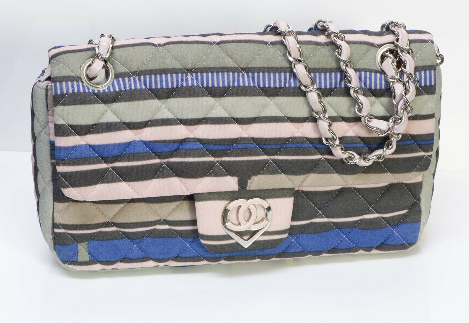 CHANEL CC Resort 2009 Pink Blue Striped Quilted Fabric Heart Flap Bag