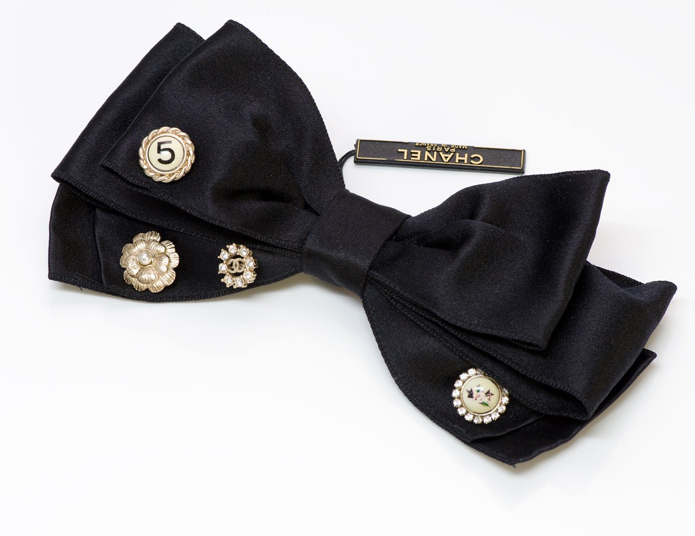 Chanel CC Satin Bow Camellia Charm Pin Brooch