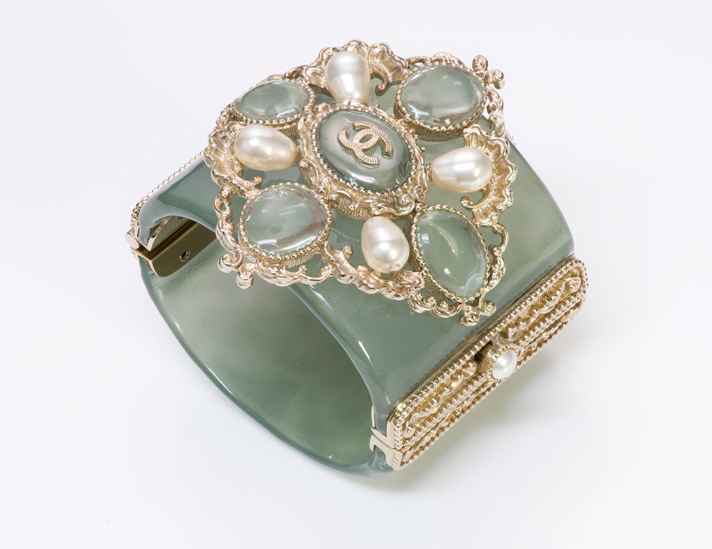Chanel CC Versailles Gripoix Pearl Lucite Cuff Bracelet - DSF Antique Jewelry
