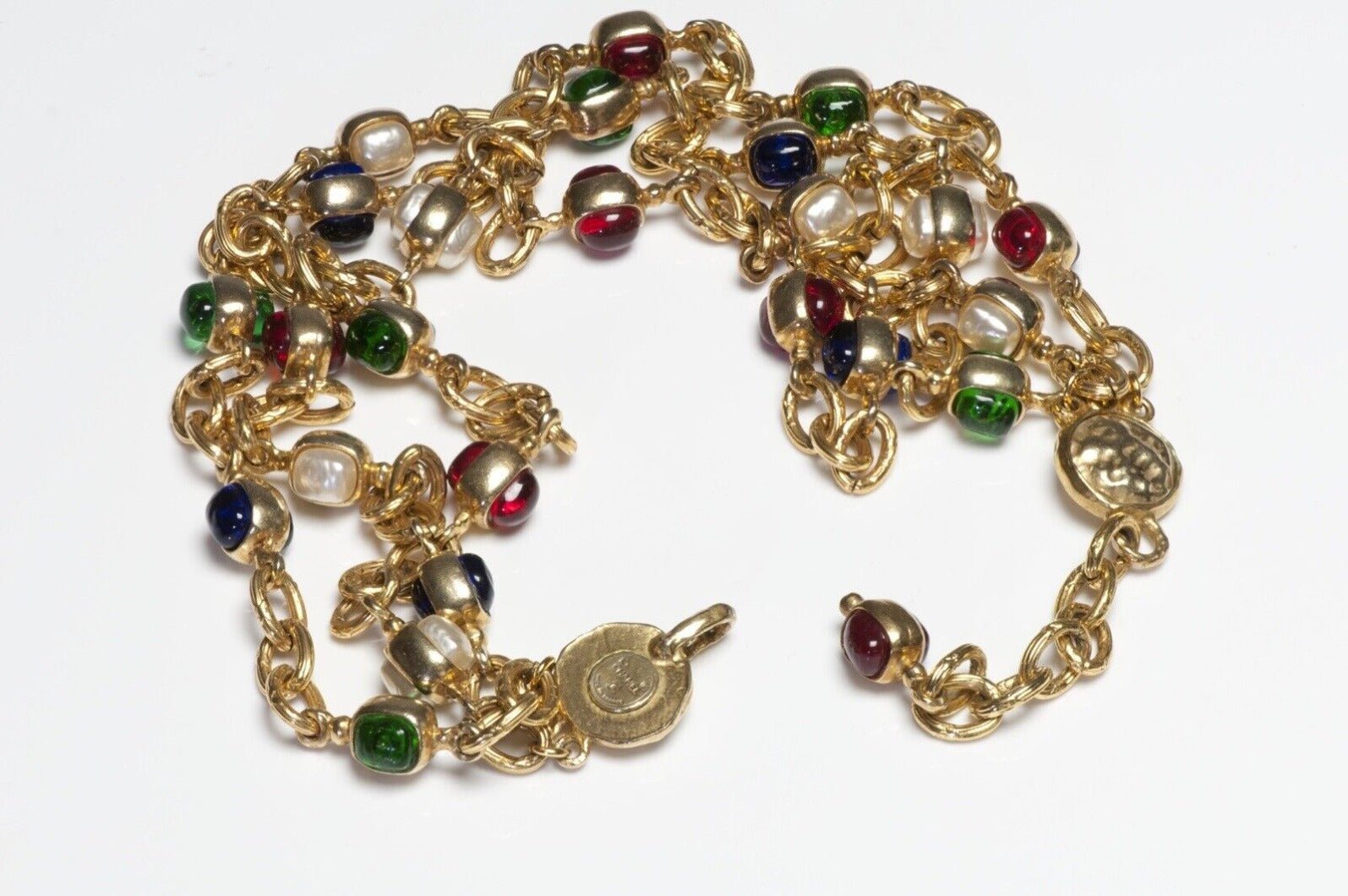 CHANEL Couture 1980’s Gripoix Red Blue Green Glass Pearl Chain Collar Necklace