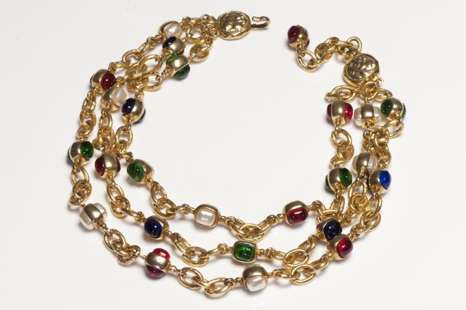 CHANEL Couture 1980’s Gripoix Red Blue Green Glass Pearl Chain Collar Necklace