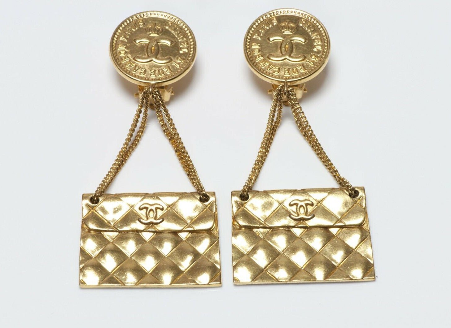 CHANEL Couture Spring 1986 Long Quilted CC Purse Chain Earrings - DSF Antique Jewelry