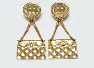 CHANEL Couture Spring 1986 Long Quilted CC Purse Chain Earrings