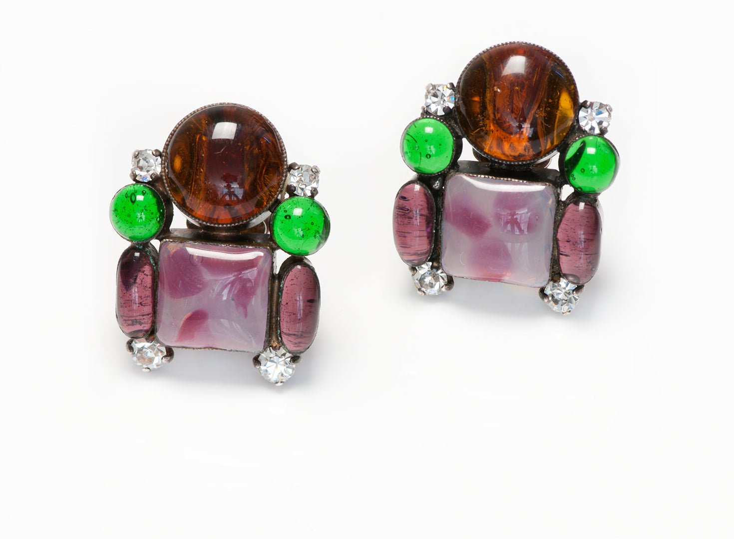 Chanel Fall 1993 Gripoix Purple Green Brown Glass Crystal Earrings