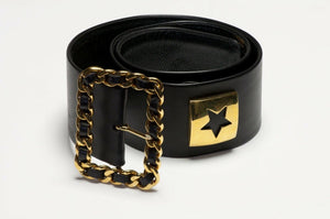 CHANEL Fall 1993 Wide CC Black Leather Charm Waist Belt