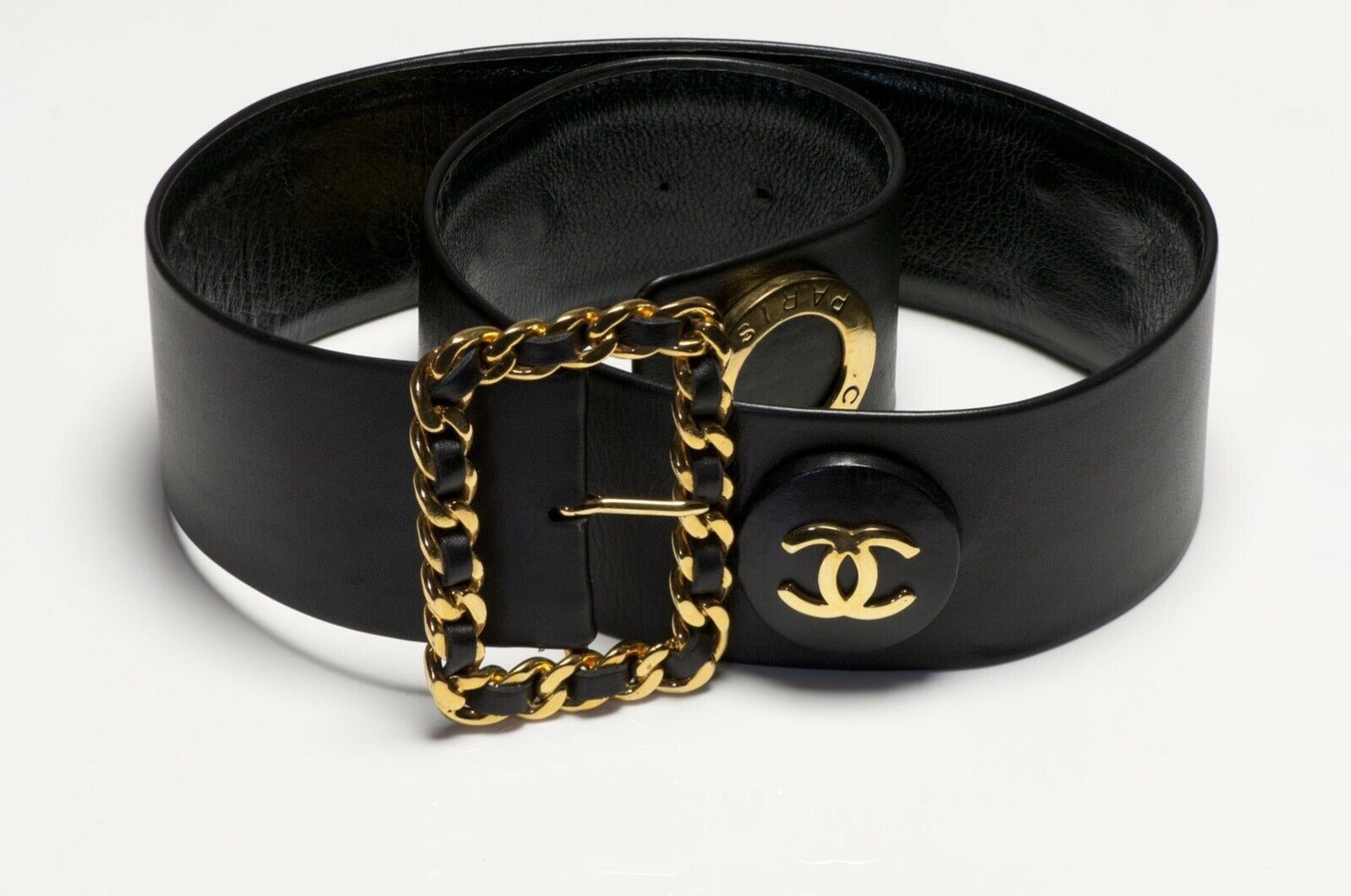 CHANEL Fall 1993 Wide CC Black Leather Charm Waist Belt - DSF Antique Jewelry