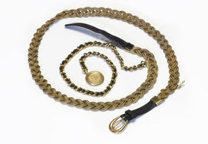 CHANEL Fall 1994 Black Leather Medallion Chain Belt