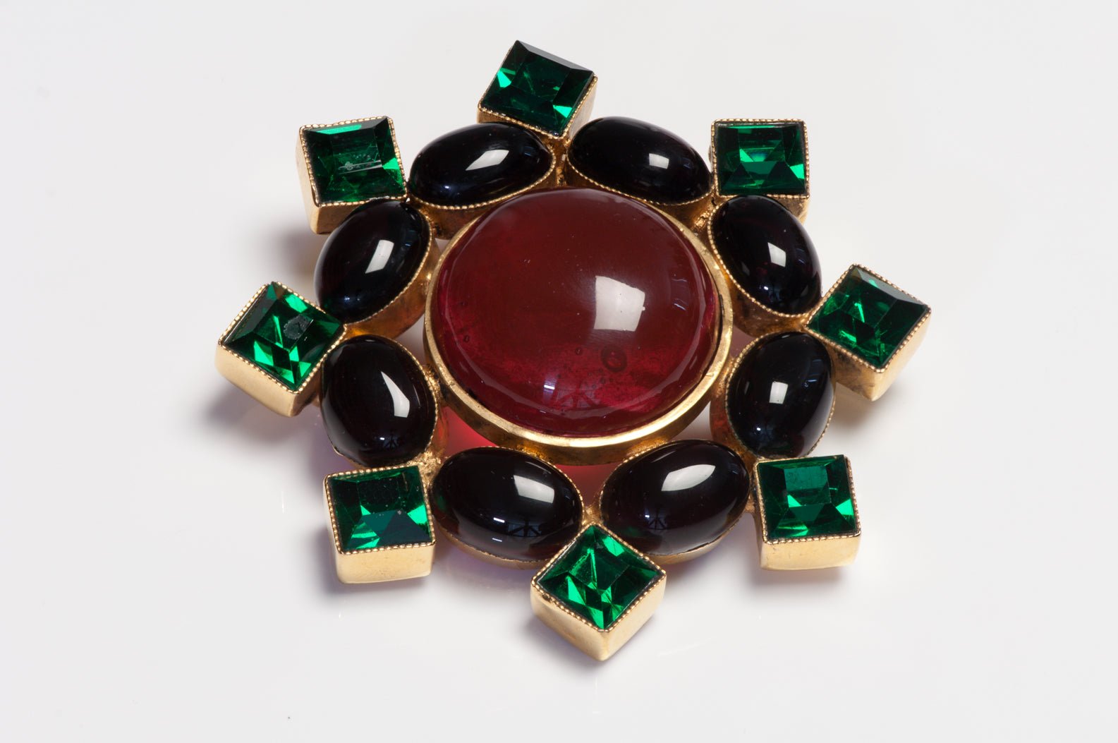 Chanel Fall 1996 Gripoix Red Purple Glass Green Crystal Camellia Pendant Brooch