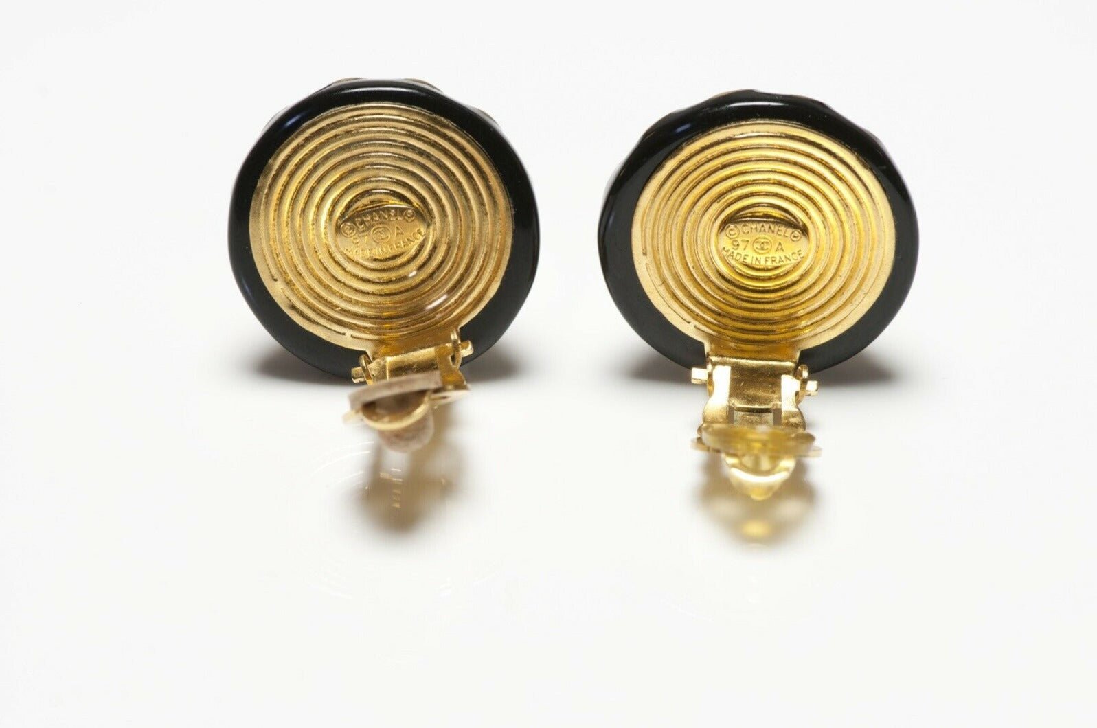 CHANEL Fall 1997 Gold Plated Black Enamel CC Round Earrings
