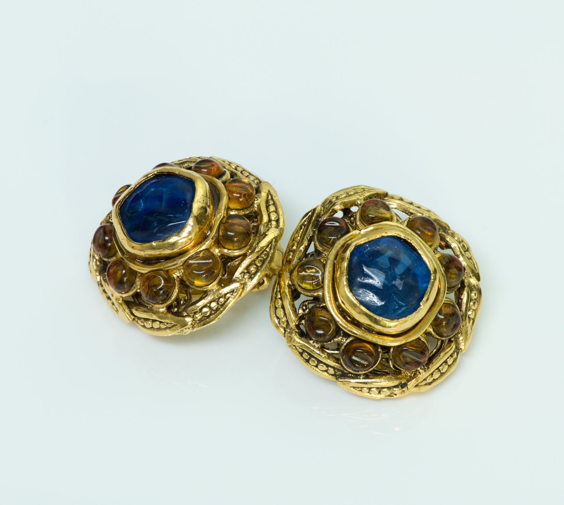 CHANEL Fall 1998 Gripoix Blue Yellow Glass Byzantine Style Earrings