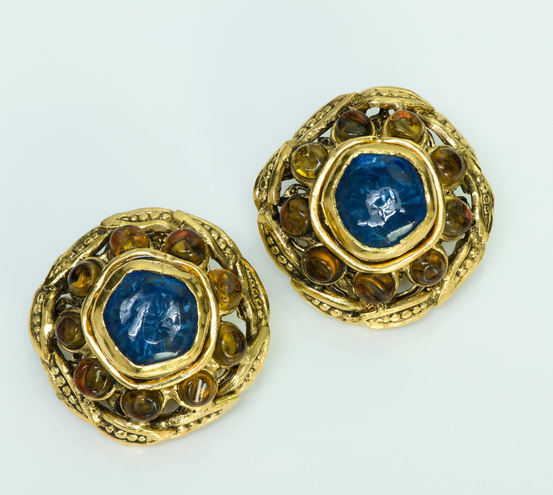 CHANEL Fall 1998 Gripoix Blue Yellow Glass Byzantine Style Earrings