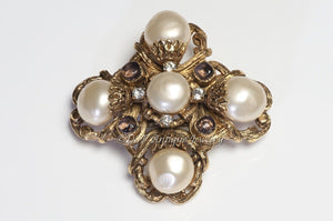 CHANEL Fall 1999 Maison Gripoix Glass Cross Pearl Pendant Brooch