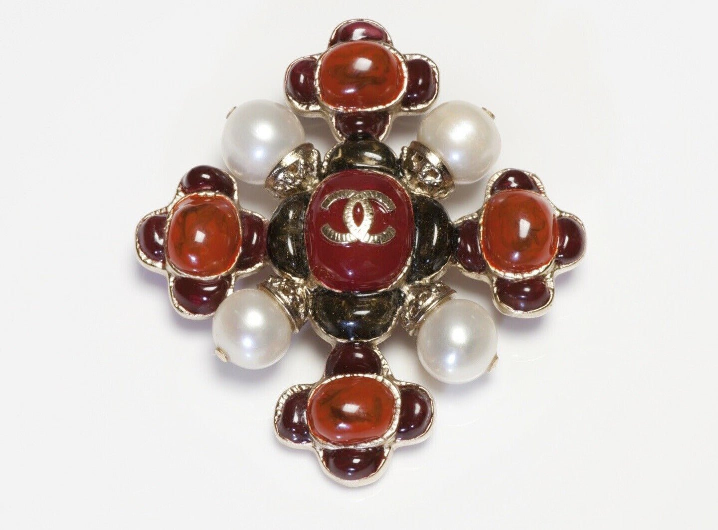 CHANEL Fall 2009 Maison Gripoix CC Red Poured Glass Cross Brooch - DSF Antique Jewelry
