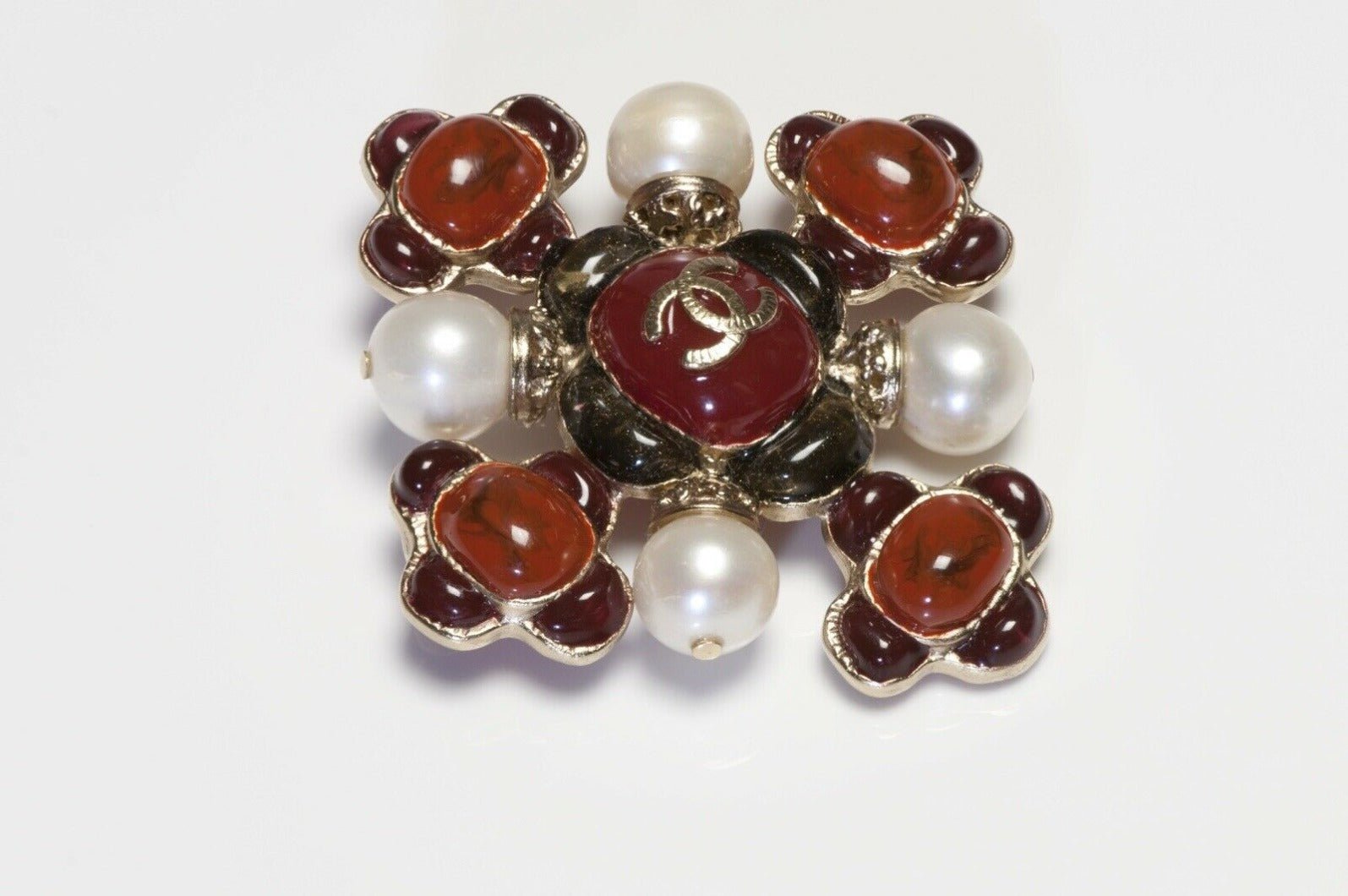 CHANEL Fall 2009 Maison Gripoix CC Red Poured Glass Cross Brooch