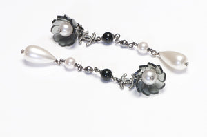 Chanel Fall 2019 Black White Pearl CC Crystal Camellia Shoulder Duster Earrings
