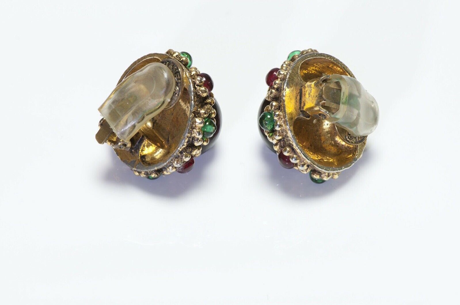 CHANEL Gripoix 1985 Red Green Poured Glass Earrings