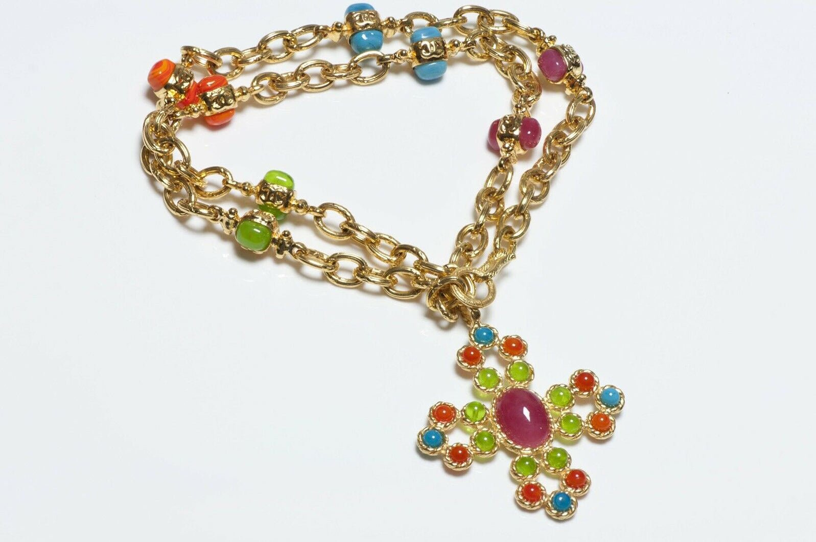CHANEL Gripoix Neon Blue Green Orange Glass Maltese Cross Chain Necklace - DSF Antique Jewelry