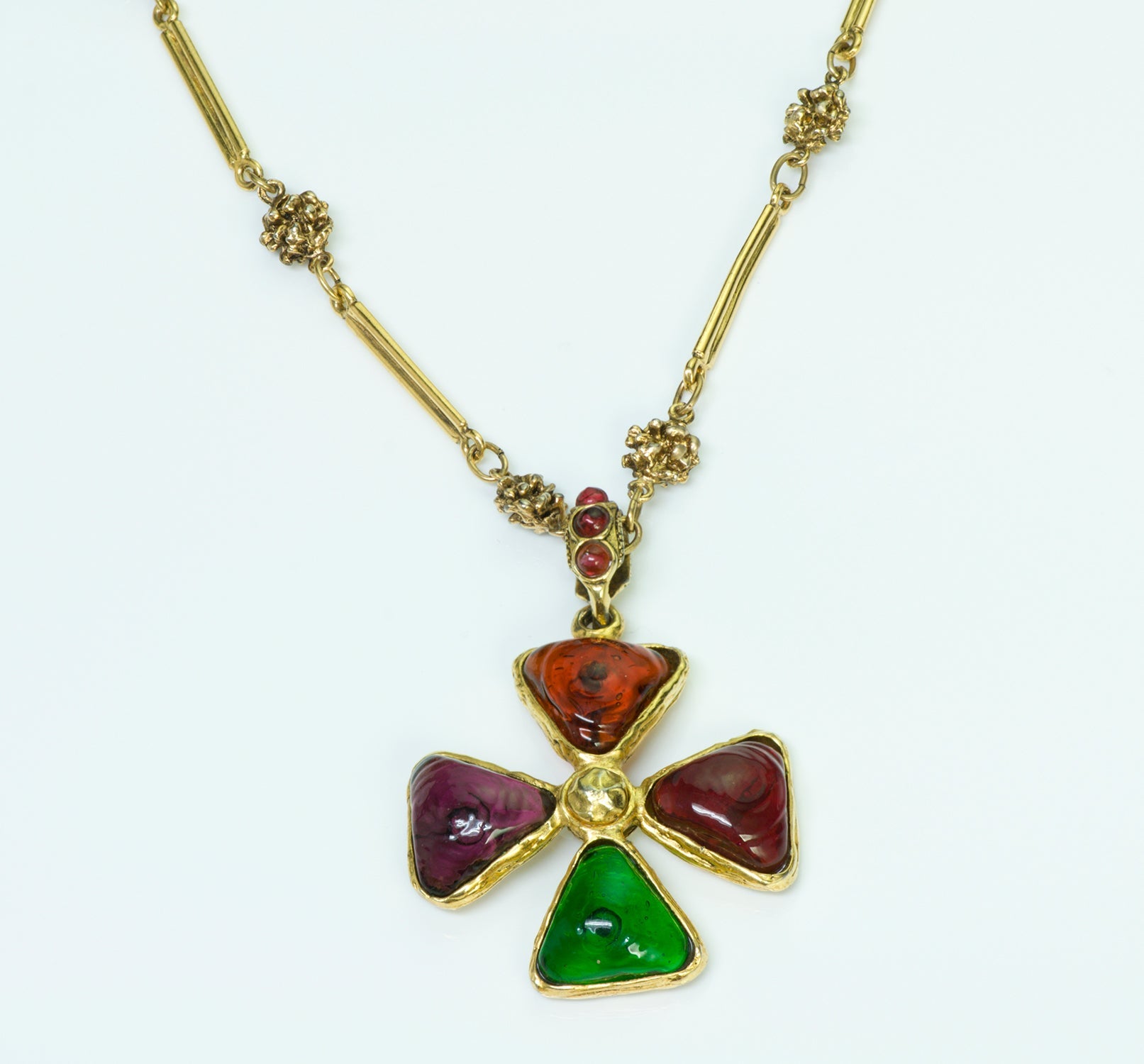 Chanel Gripoix Red Green Glass Maltese Cross Necklace