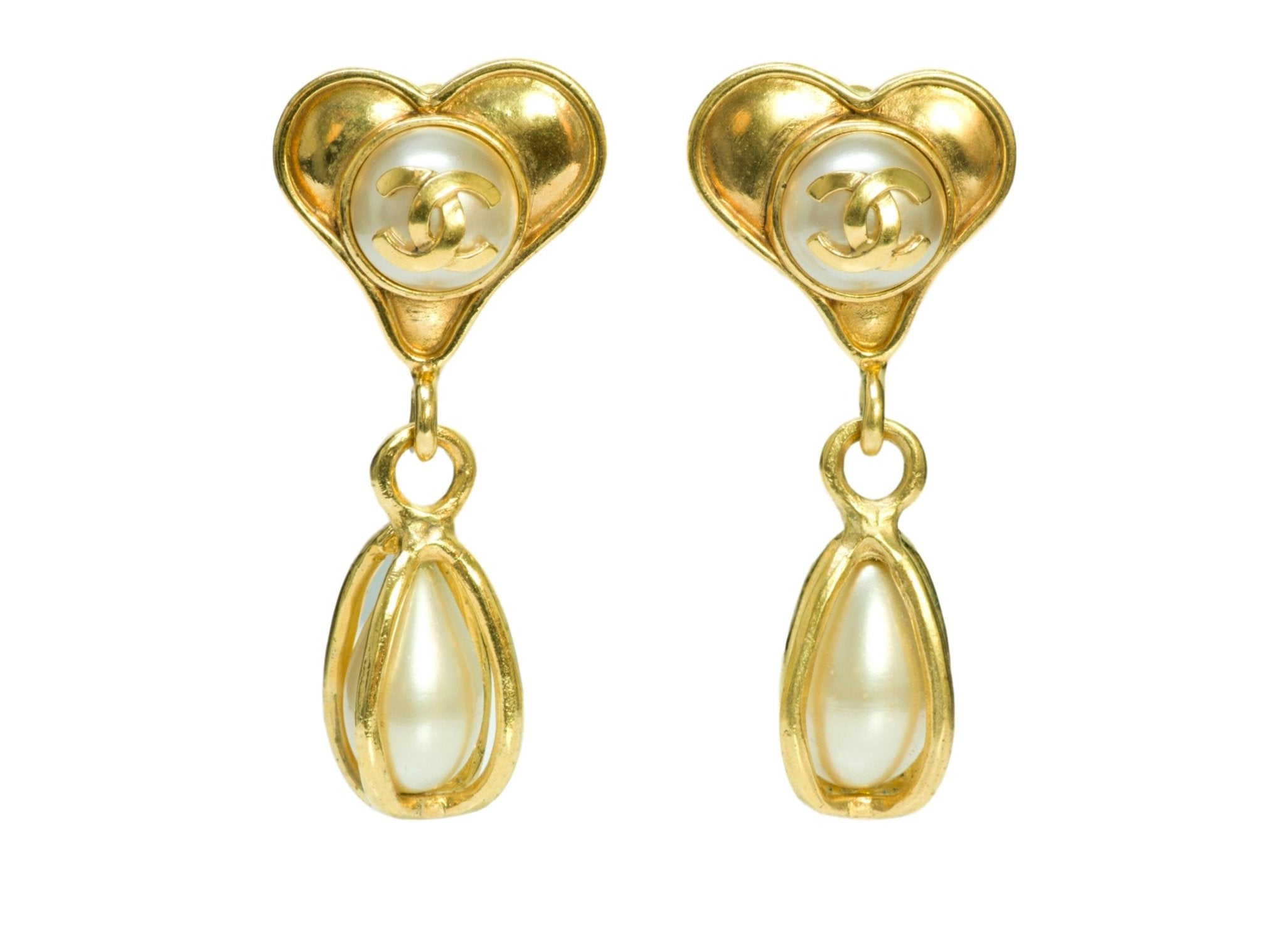Chanel Heart Pearl Gold Tone Earrings