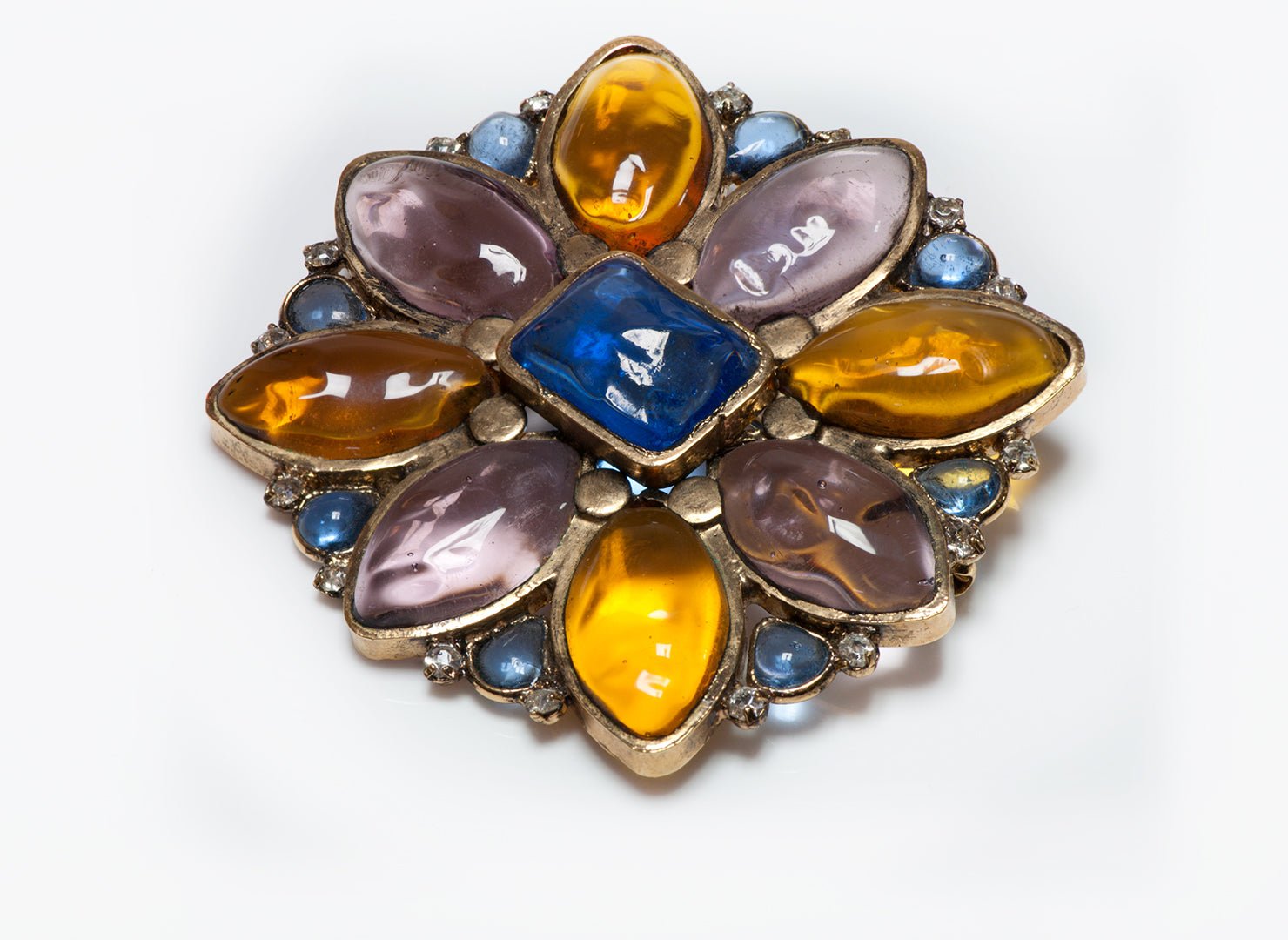 CHANEL Maison Gripoix 1950’s Blue Glass Camellia Flower Brooch - DSF Antique Jewelry
