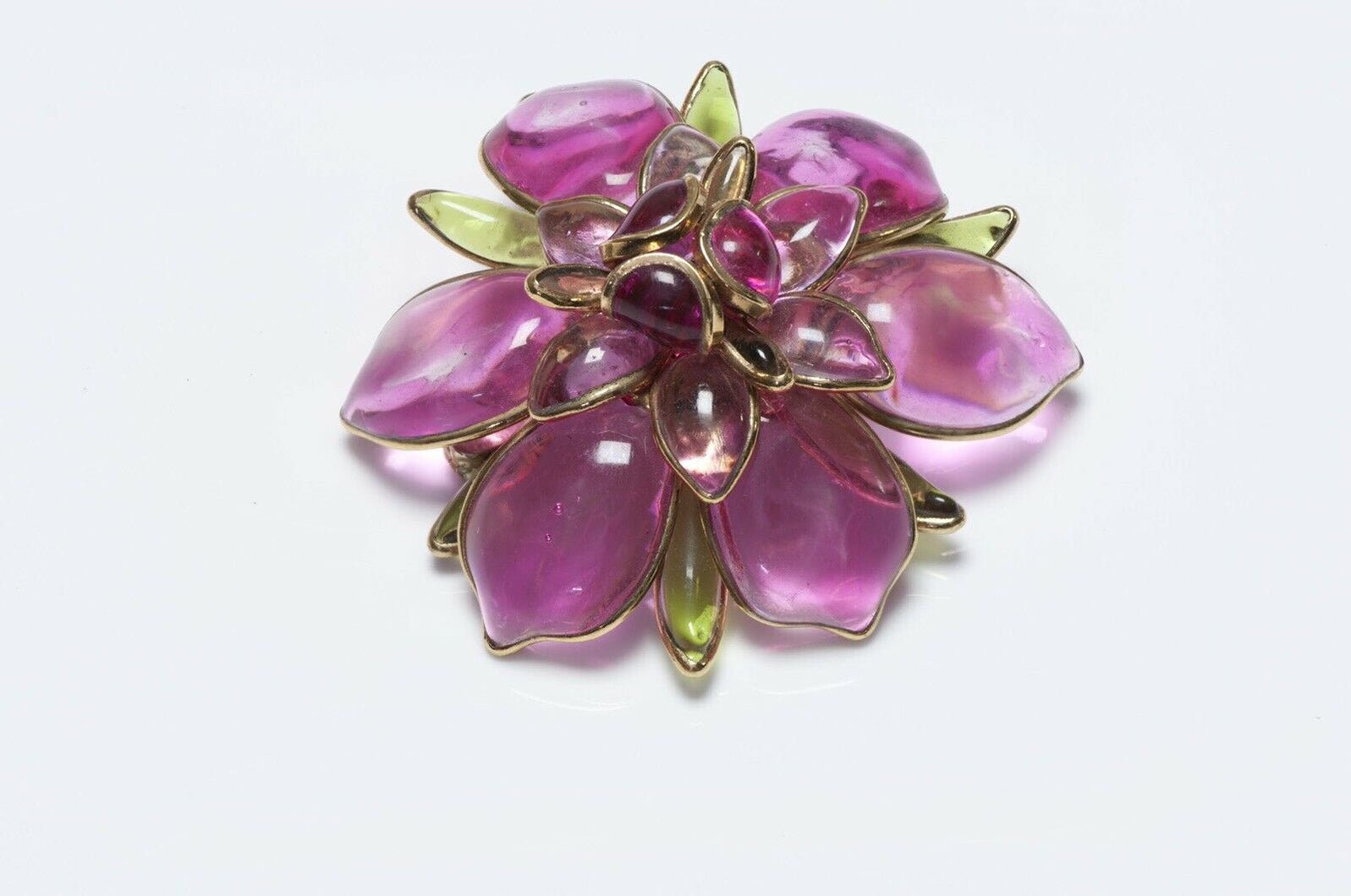 CHANEL Maison Gripoix 1950’s Pink Glass Camellia Flower Brooch - DSF Antique Jewelry
