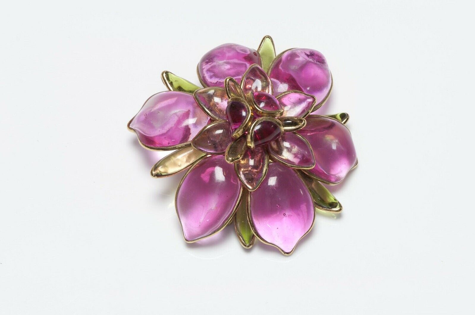 CHANEL Maison Gripoix 1950’s Pink Glass Camellia Flower Brooch - DSF Antique Jewelry