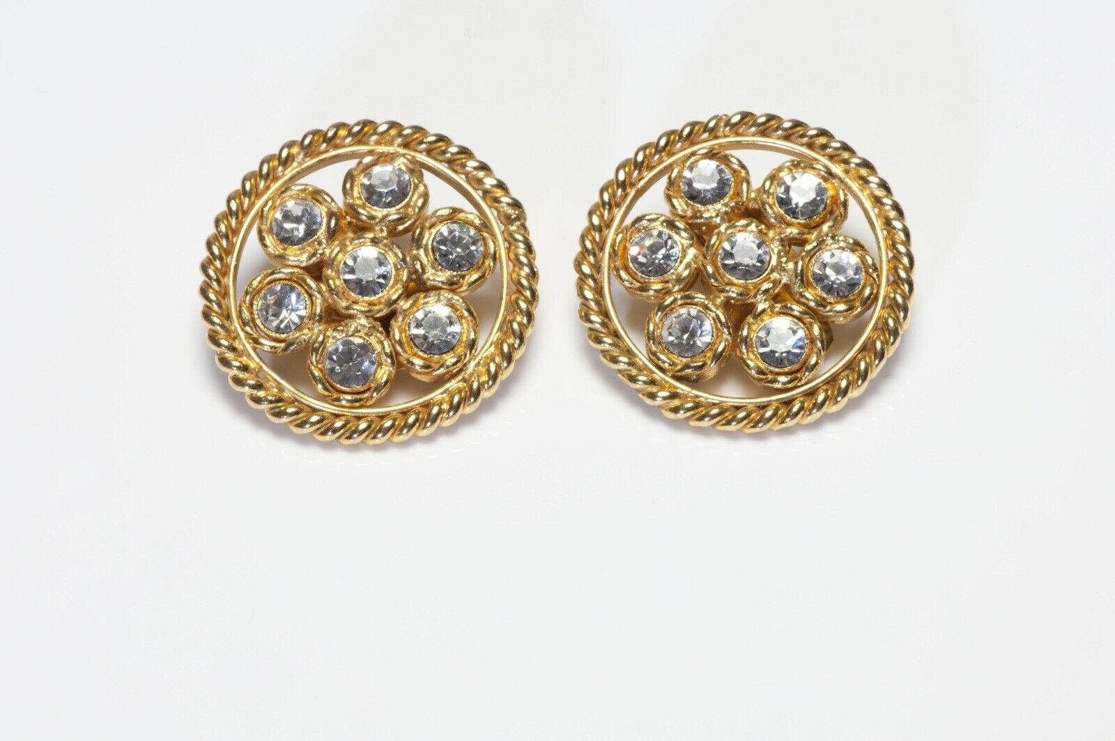 CHANEL Paris 1970’s Gold Plated Crystal Round Earrings