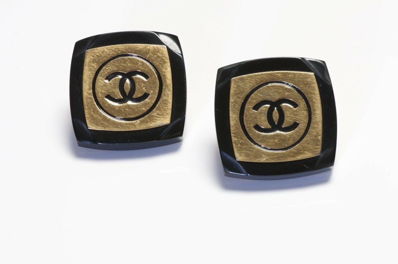 CHANEL Paris 1980’s CC Logo Black Resin Square Earrings
