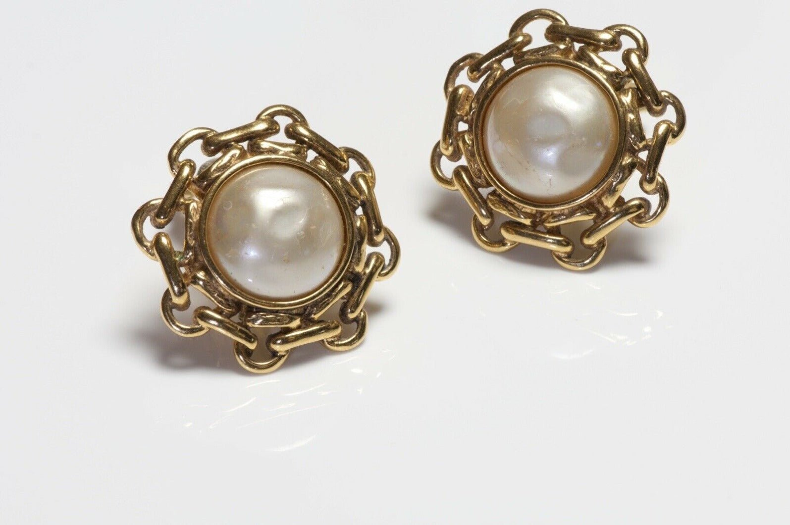 CHANEL Paris 1980’s Gold Plated Faux Pearl Camellia Flower Earrings - DSF Antique Jewelry