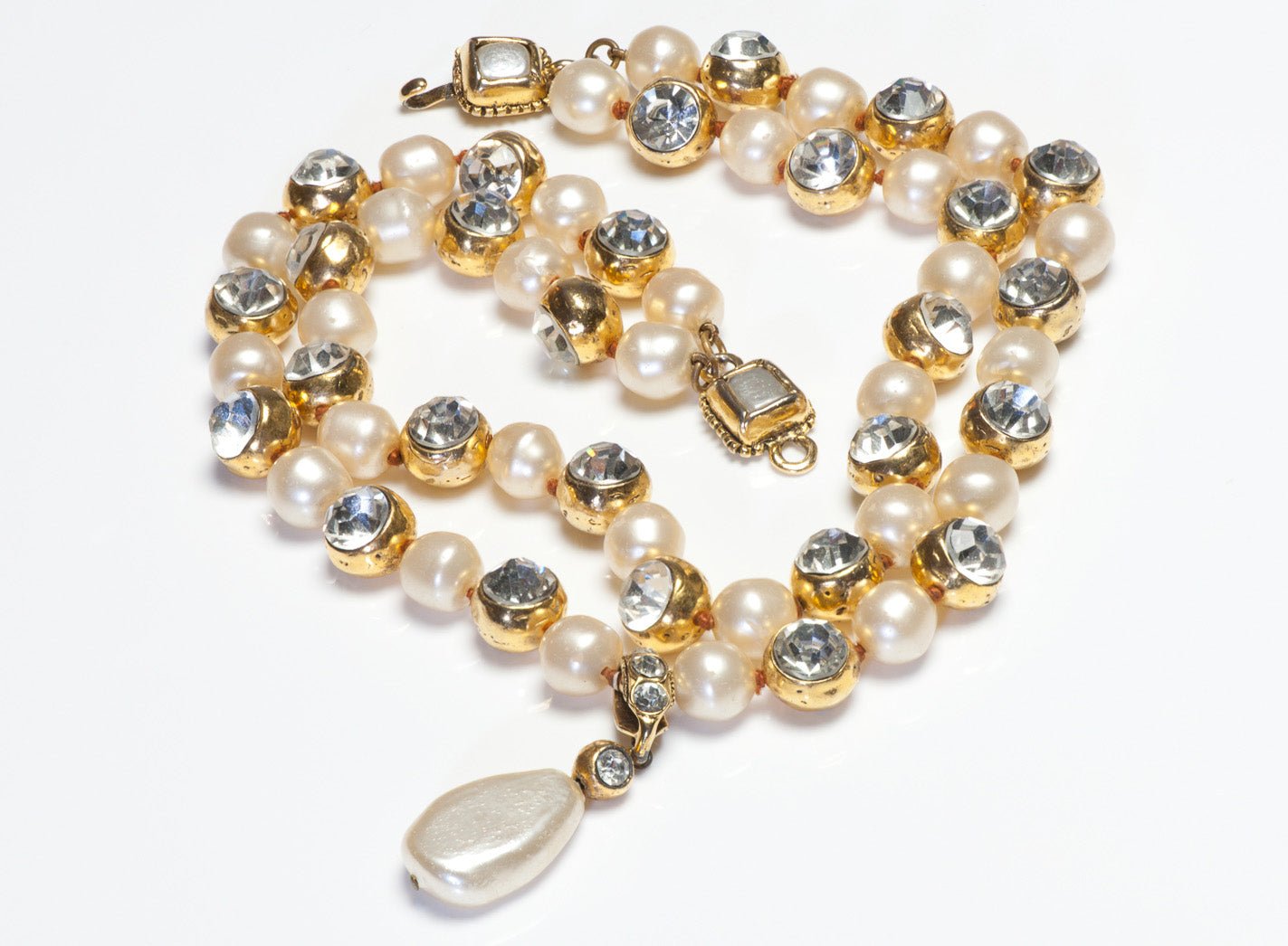 Chanel Paris 1980’s Goossens Hammered Gold Metal Crystal Pearl Beads Necklace