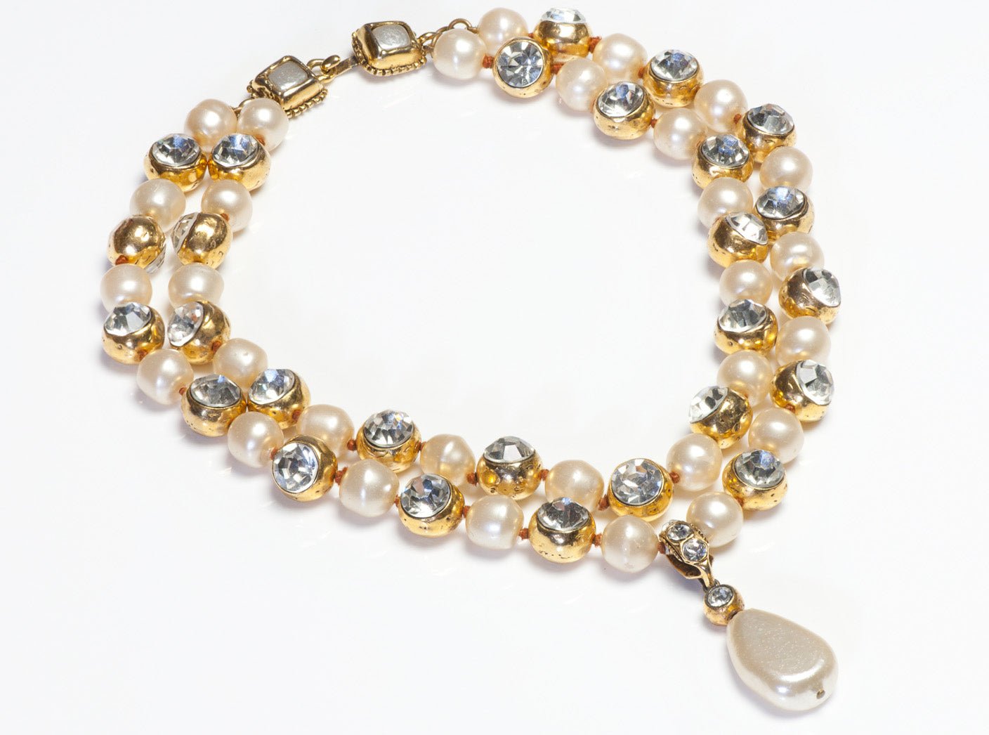 Chanel Paris 1980’s Goossens Hammered Gold Metal Crystal Pearl Beads Necklace - DSF Antique Jewelry
