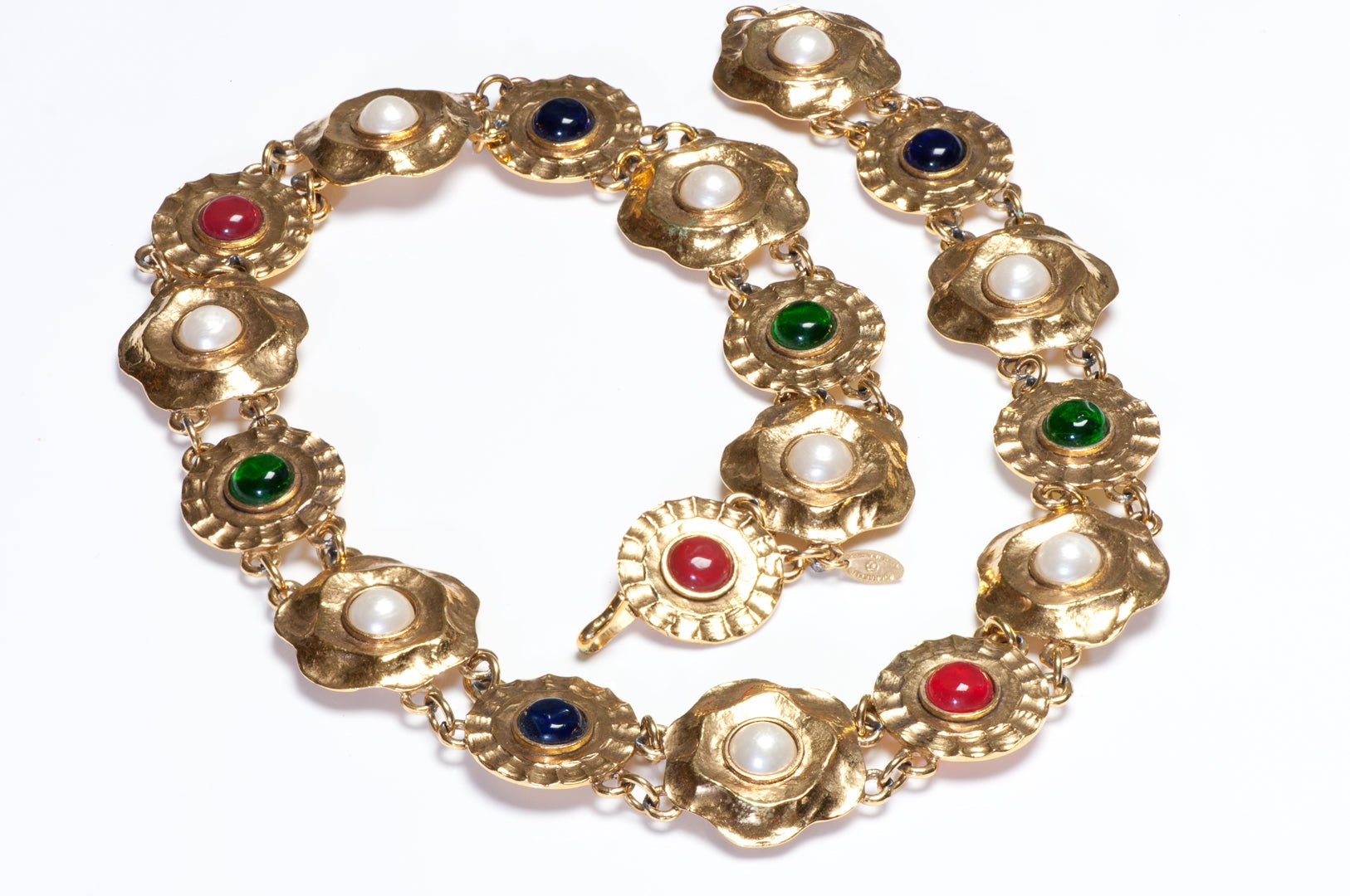 Chanel Paris 1980’s Gripoix Red Blue Green Glass Pearl Camellia Flower Belt - DSF Antique Jewelry