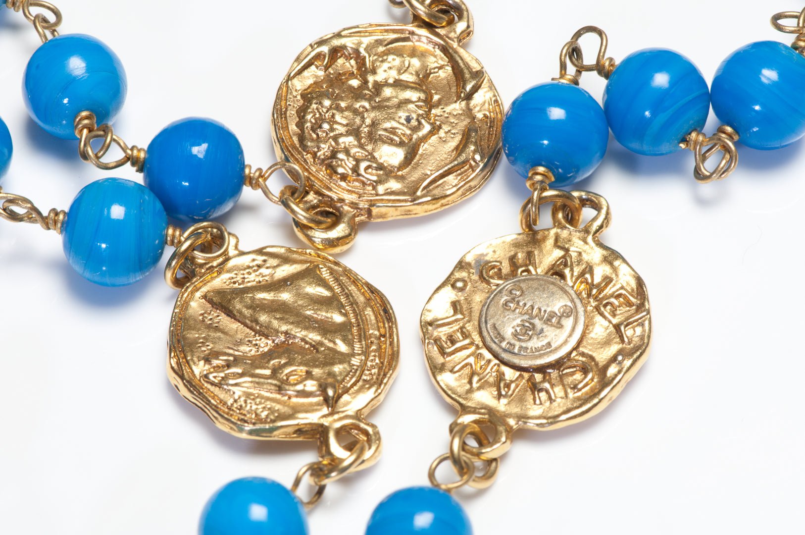 Chanel Paris 1980's Maison Gripoix Blue Glass Beads Charm Coin Sautoir Necklace