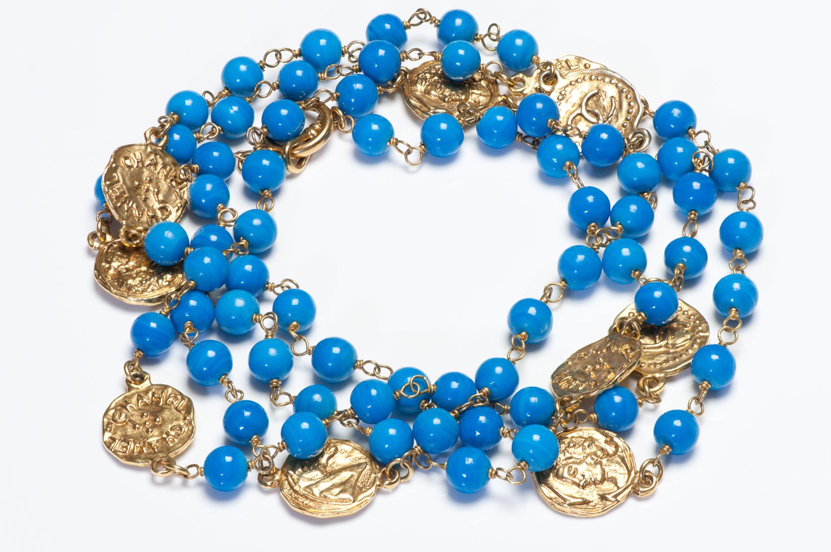 Chanel Paris 1980's Maison Gripoix Blue Glass Beads Charm Coin Sautoir Necklace - DSF Antique Jewelry