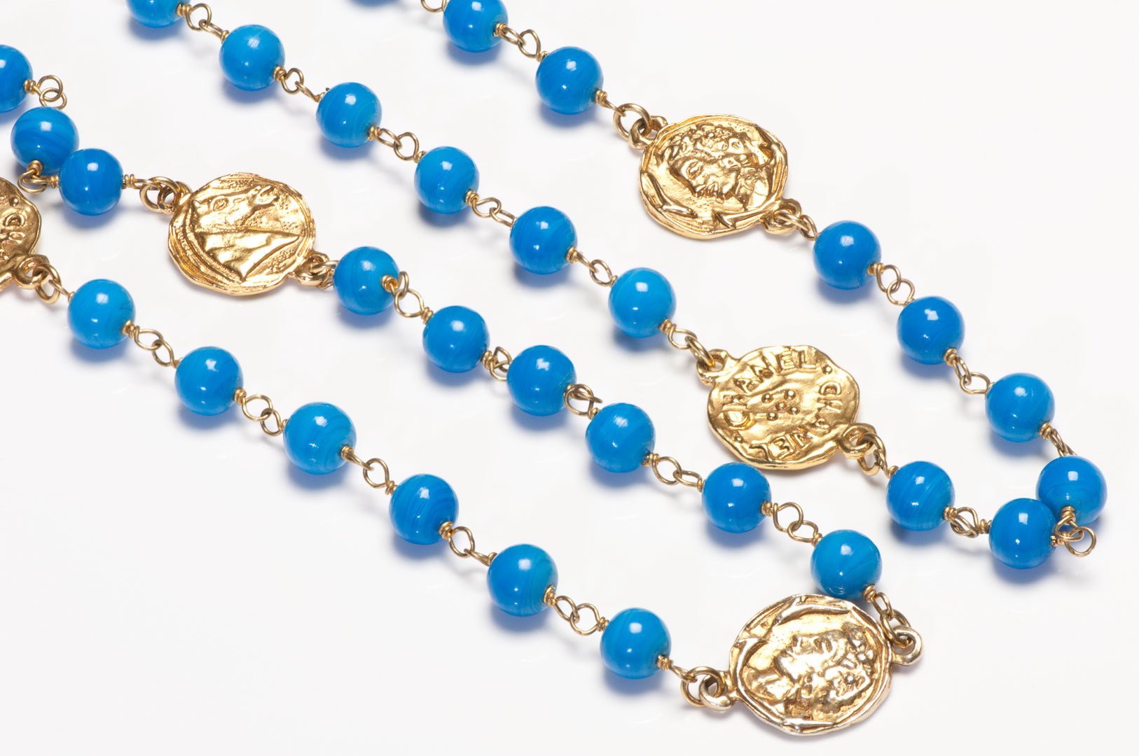 Chanel Paris 1980's Maison Gripoix Blue Glass Beads Charm Coin Sautoir Necklace - DSF Antique Jewelry