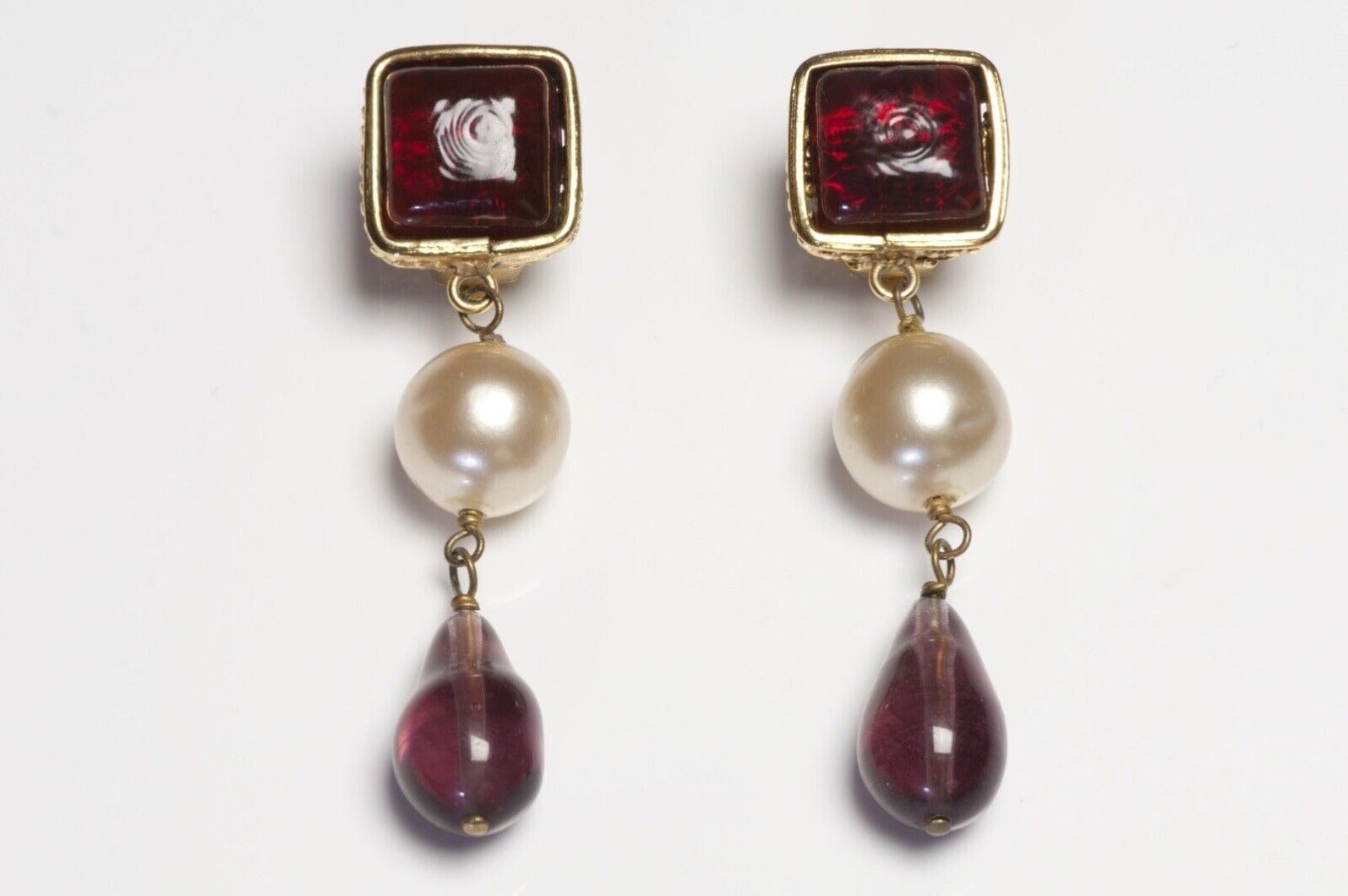 CHANEL Paris 1980’s Maison Gripoix Long Red Purple Poured Glass Pearl Earrings