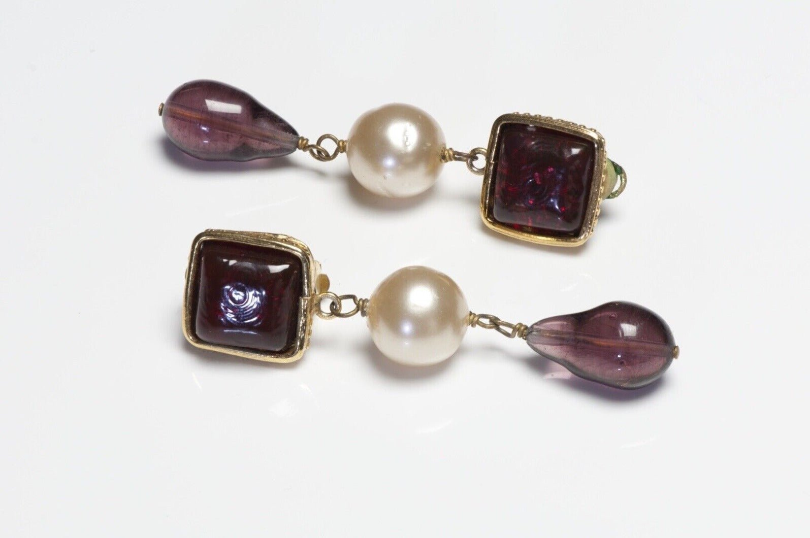 CHANEL Paris 1980’s Maison Gripoix Long Red Purple Poured Glass Pearl Earrings