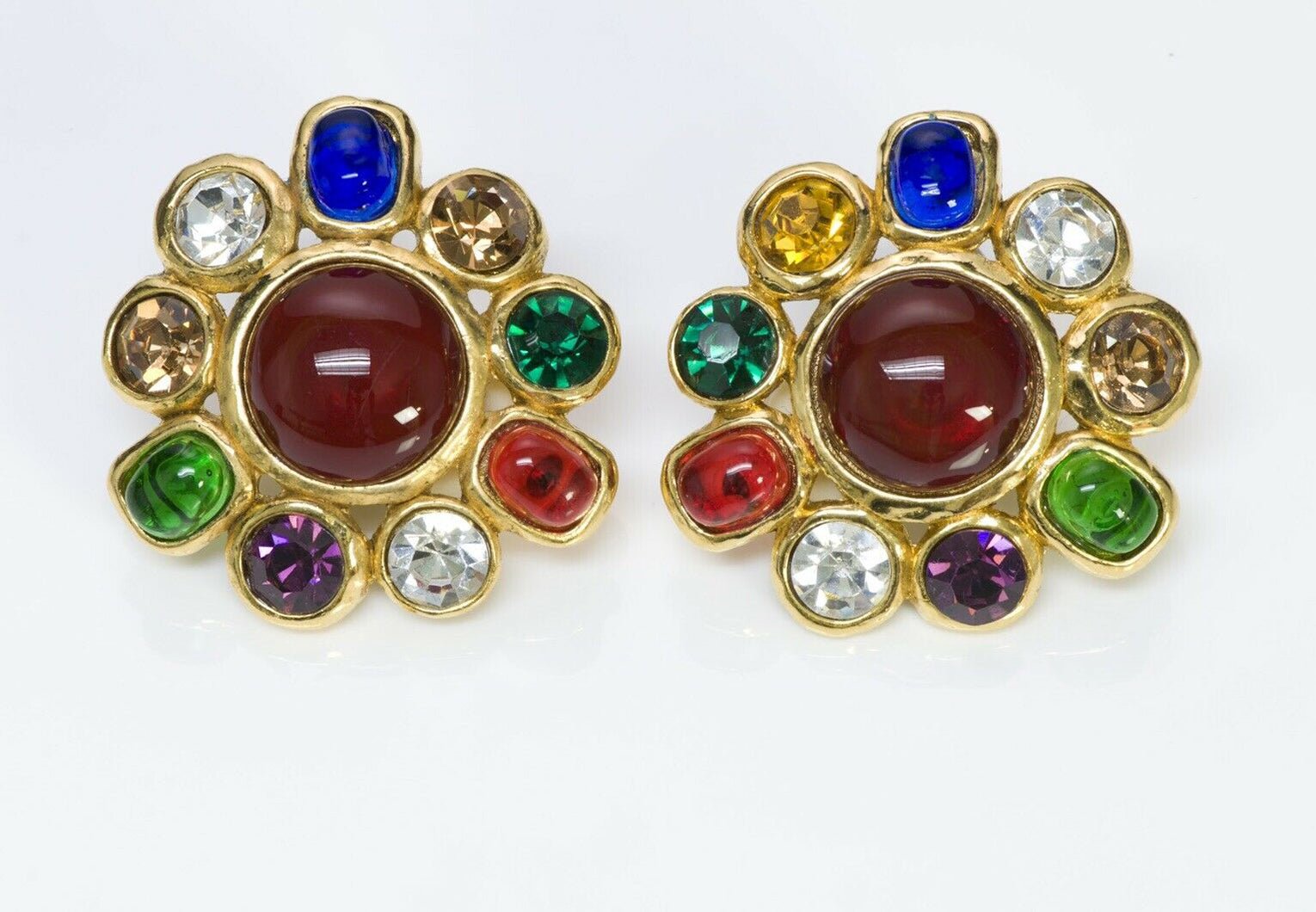 CHANEL PARIS 1980’s Maison GRIPOIX Red Blue Green Glass Crystal Earrings