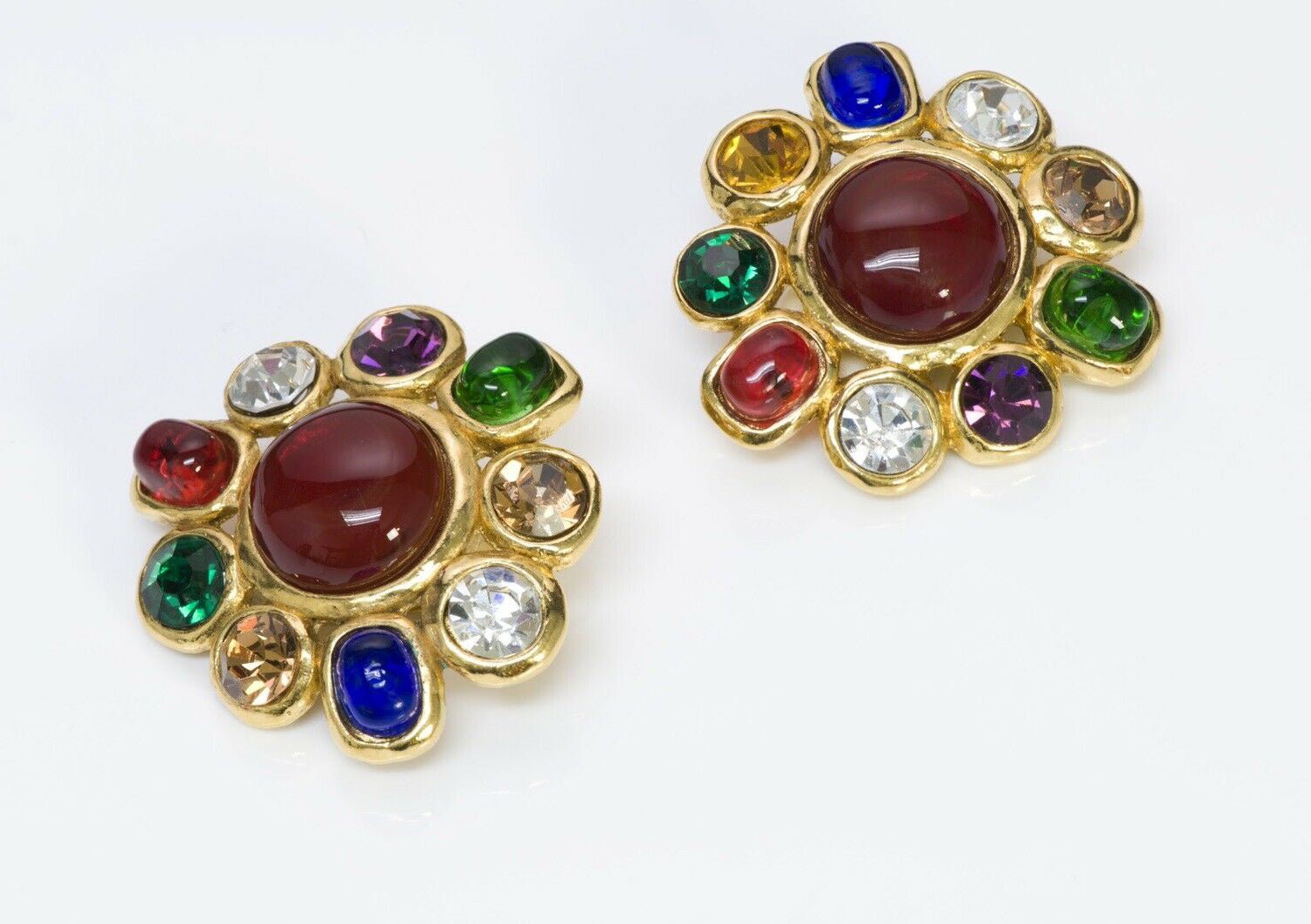 CHANEL PARIS 1980’s Maison GRIPOIX Red Blue Green Glass Crystal Earrings