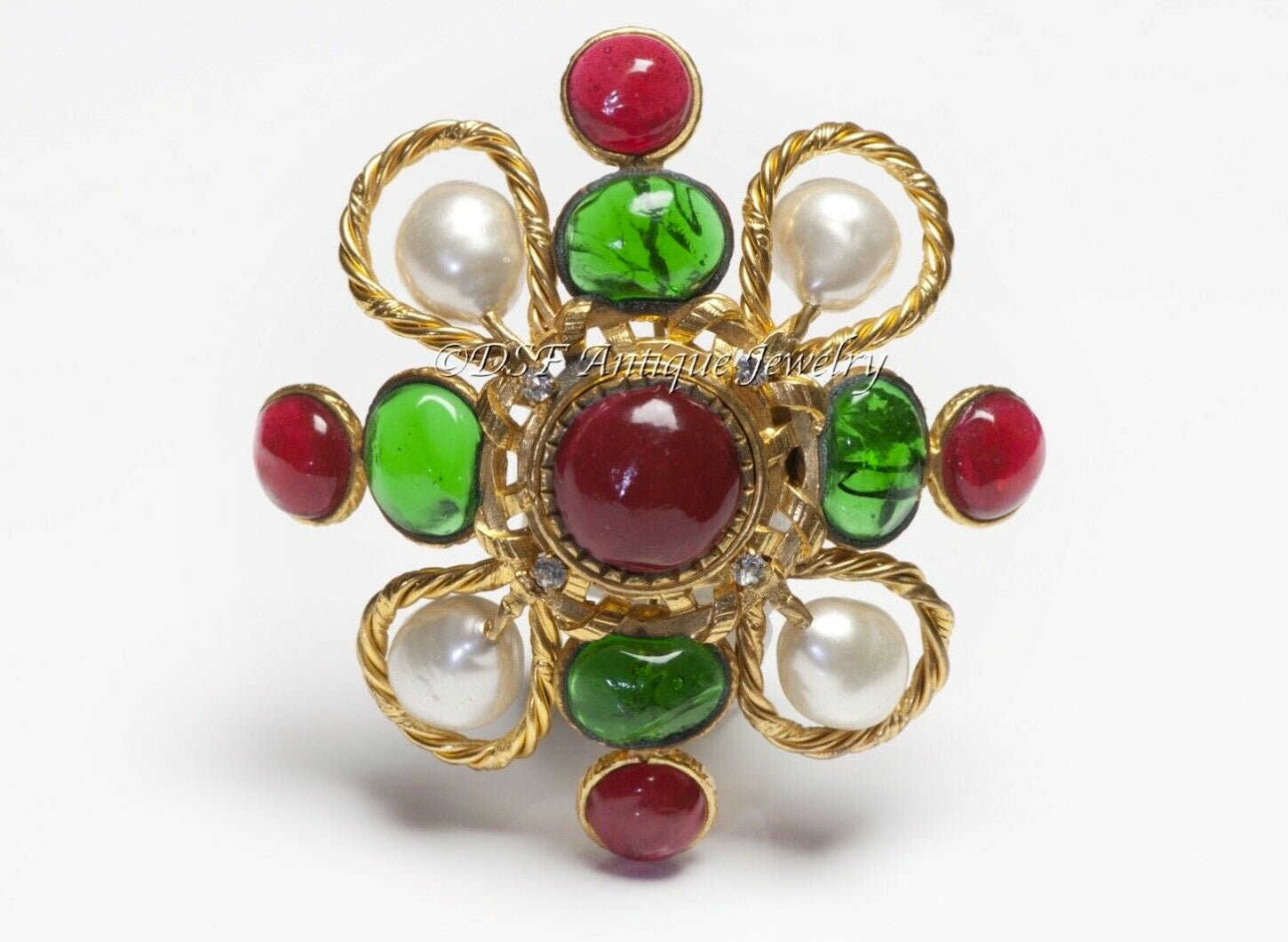 CHANEL Paris 1980’s Maison Gripoix Red Green Glass Faux Pearl Pendant Brooch - DSF Antique Jewelry