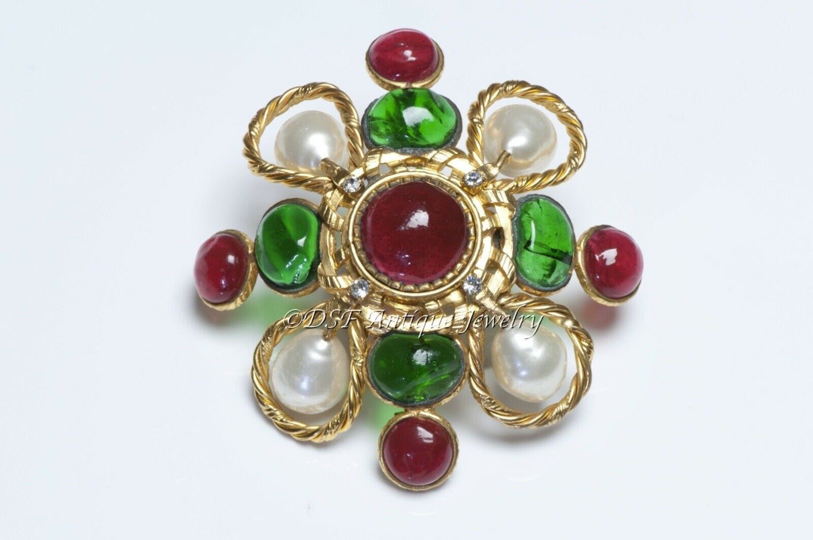 CHANEL Paris 1980’s Maison Gripoix Red Green Glass Faux Pearl Pendant Brooch - DSF Antique Jewelry