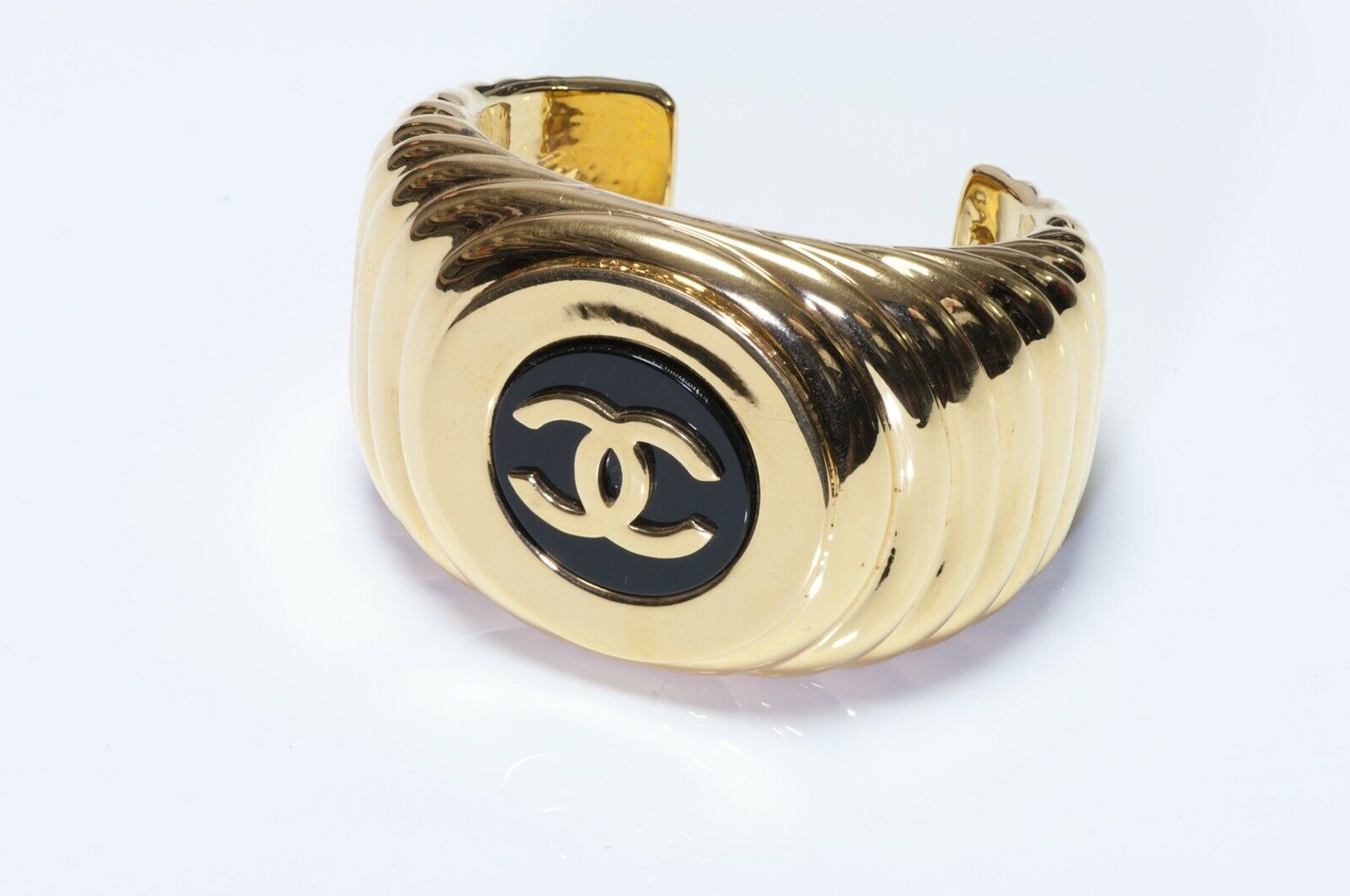 CHANEL Paris 1980’s Wide Black Enamel CC Cuff Bracelet