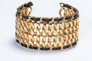 Chanel Paris 1980's Wide Gold Plated Chain Black Leather Cuff Bracelet