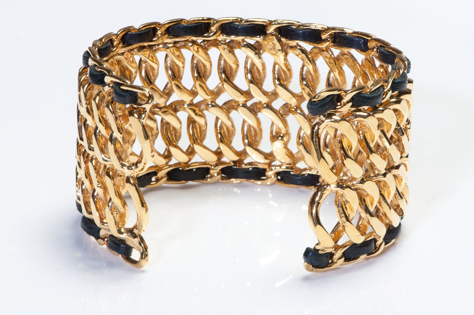 Chanel Paris 1980's Wide Gold Plated Chain Black Leather Cuff Bracelet