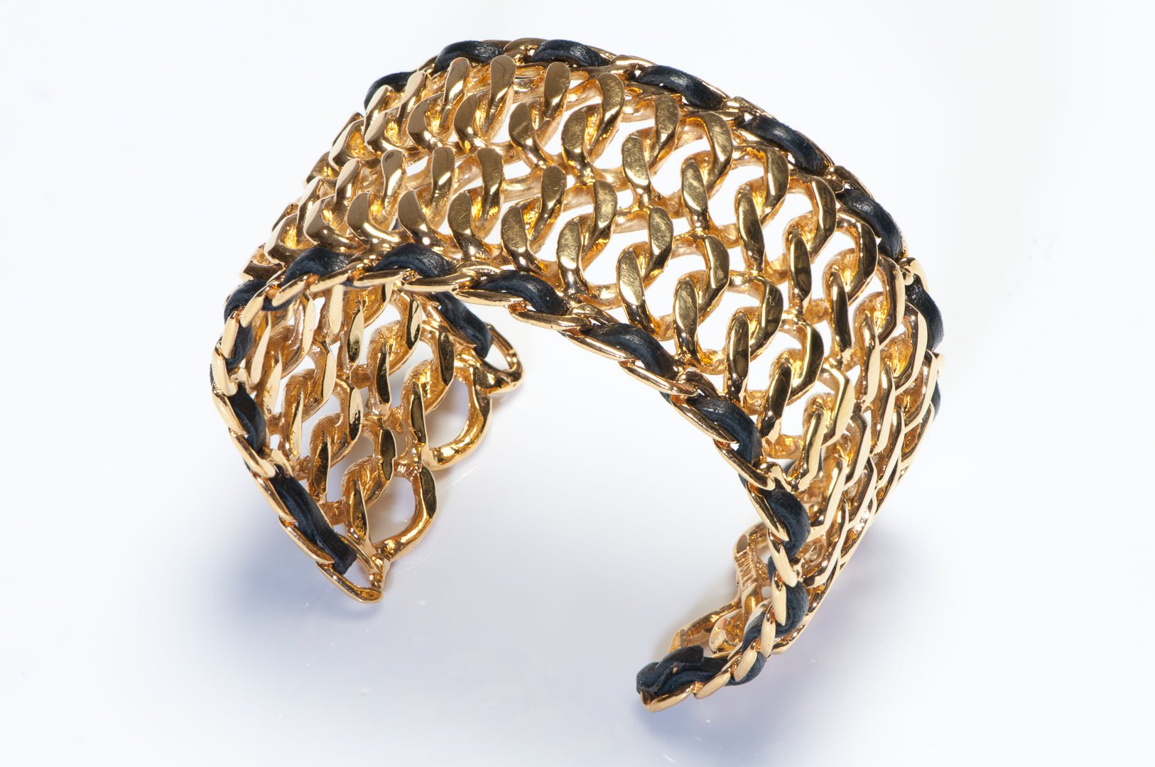 Chanel Paris 1980's Wide Gold Plated Chain Black Leather Cuff Bracelet