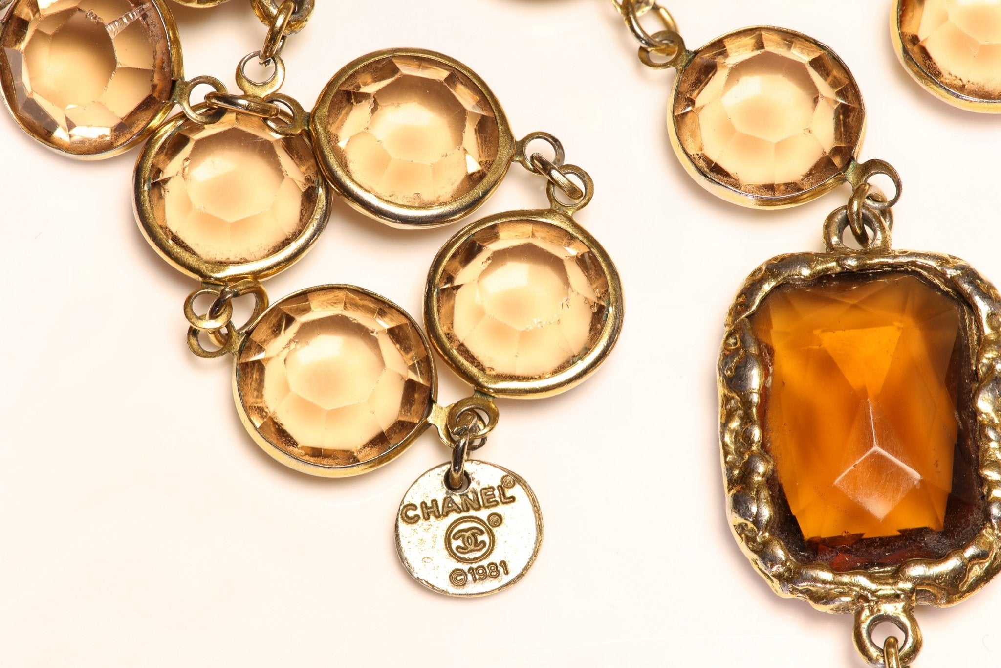 Chanel Paris 1981 Gold Plated Amber Brown Color Crystal Chiclet Sautoir Necklace